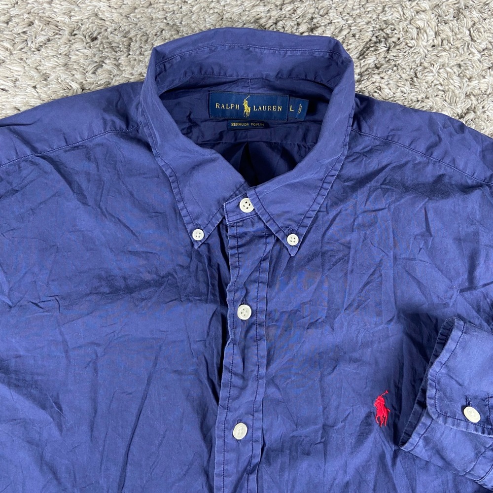 Ralph Lauren Bermuda Poplin Mens Large Blue Cotton Silk Long Sleeve Button Down